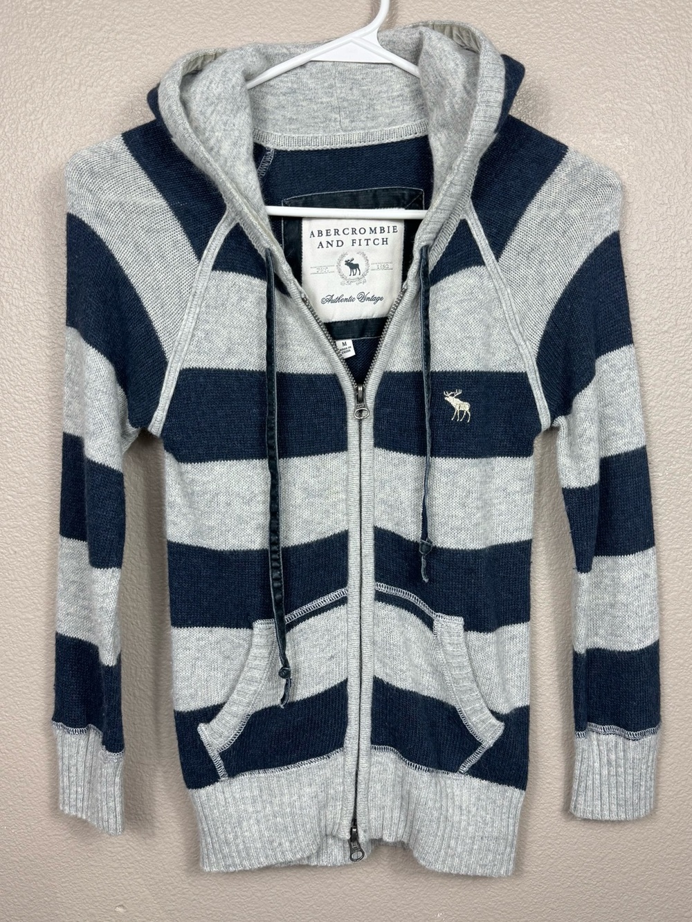 Vintage Y2K Abercrombie & Fitch Navy Blue Gray Striped Zip Hoodie Knit Sweater